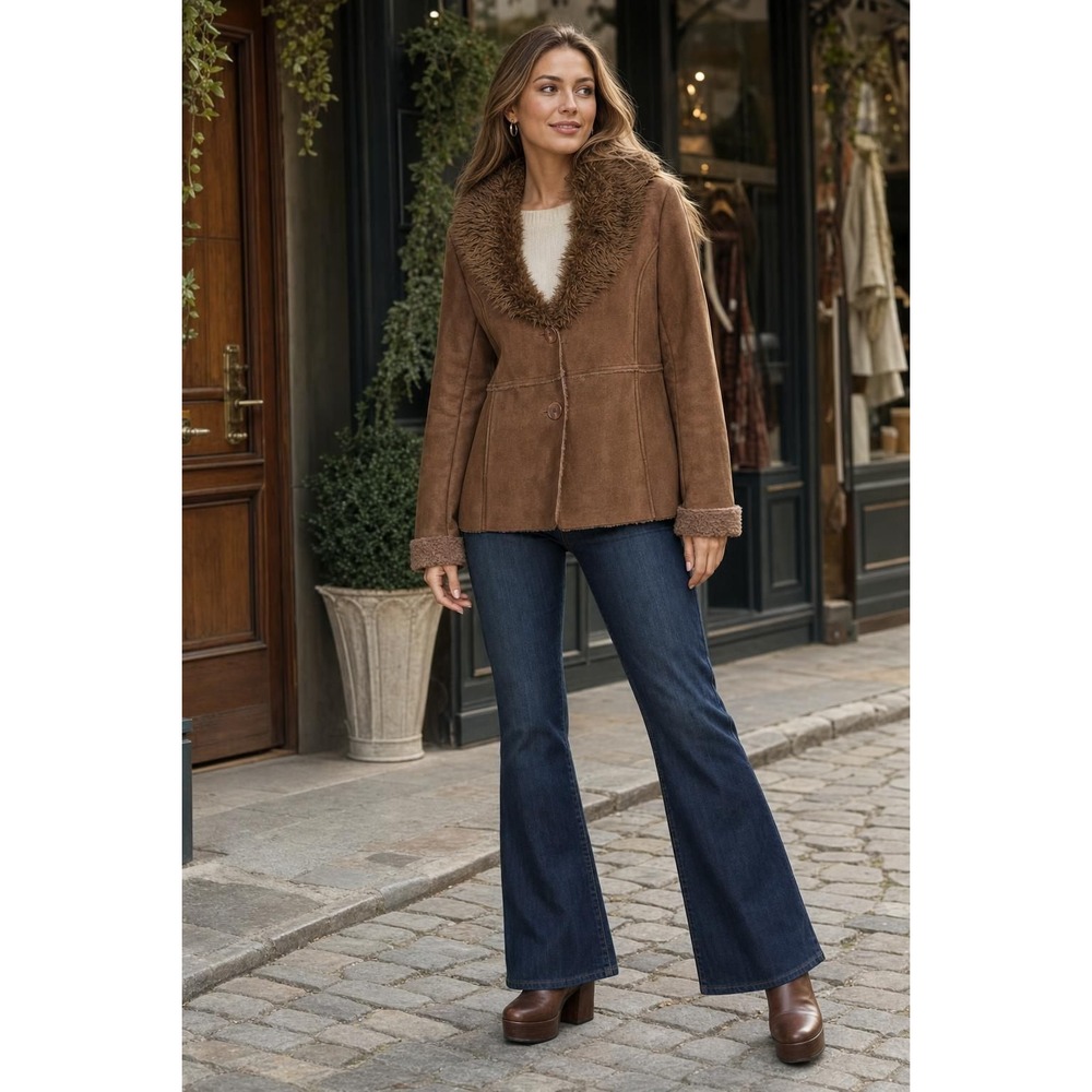 Y2K Paris Blues Jacket Women's L Brown Faux Suede Fur Collar Boho Penny Lane